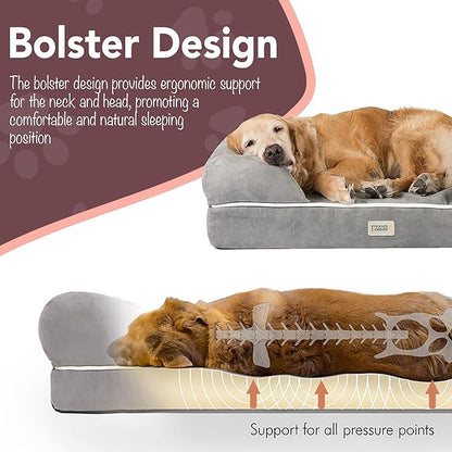 Friends Forever XX-Large Dog Bed, Orthopedic Dog Sofa Memory Foam Mattress, Calming Dog Couch Bed, Wall Rim Pillow, Water Resistant Liner, Washable Cover, Non-Slip Bottom, Chester, XX-Large Grey