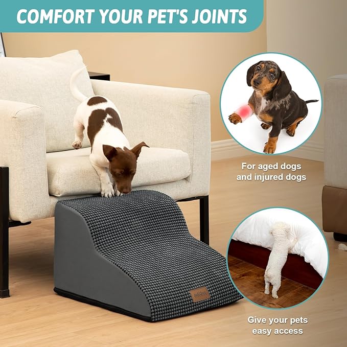 Dog Stairs for Bed, Small Dogs Ramp with Leakproof Fabric Cover, Foam Pet Steps for Cat and Sofa, Lightweight, Non-Slip, Durable, Comfort (Dark Grey, 15.7x19.7x11.8in, 2)