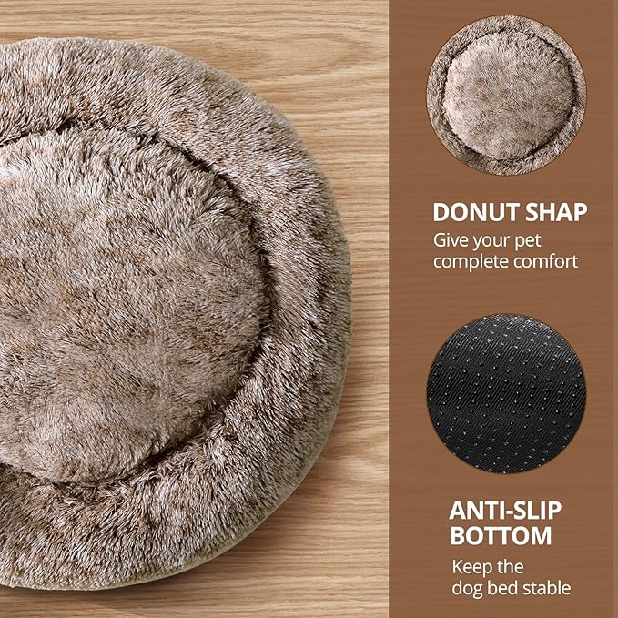 JOLLYVOGUE Dog Bed Cat Bed, Anti-Anxiety Small Dog Bed, Calming Donut Dog Bed for Puppy, Cozy Cat Bed, Fluffy Dog Beds for Small Dogs, Washable Round Puppy Bed for Indoor Pets (20"/Smoke Brown