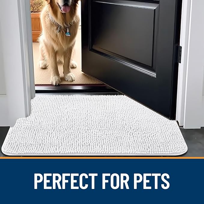OLANLY Dog Door Mat for Muddy Paws 24x16, Absorbs Moisture and Dirt, Absorbent Non-Slip Washable Mat, Quick Dry Chenille, Mud Mat for Dogs, Entry Indoor Door Mat for Inside Floor, White