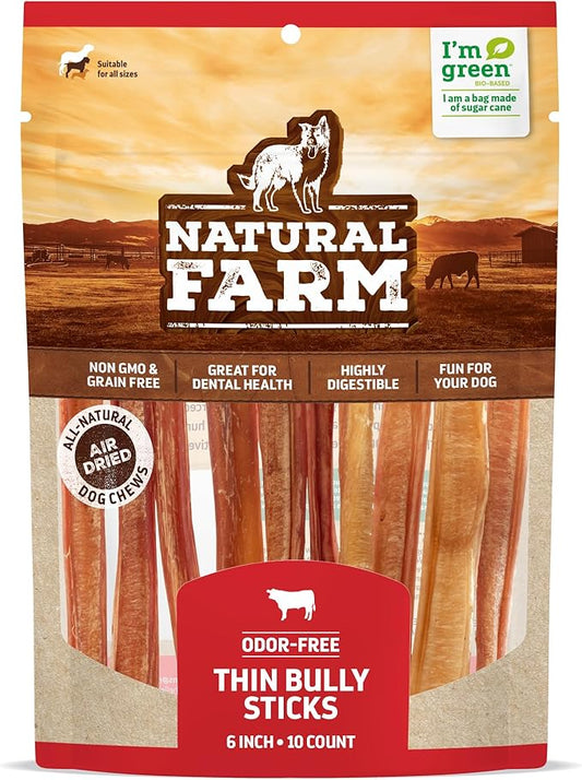Natural Farm Odor-Free Thin Bully Sticks (6”, 10-Pack) All-Natural Long-Lasting Dog Chews, 100% Beef Pizzle, Grass-Fed, Grain-Free, Protein for Muscle Development & Energy, Perfect for Medium Chewers