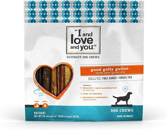 I and love and you Good Golly Gullet Stix - Beef - Rawhide Alternative, Single Ingredient, Free Range Grass Fed Beef, 6in, 48ct