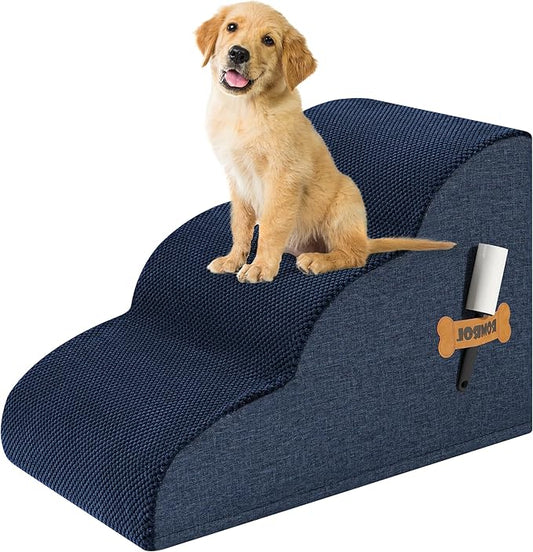 Romrol Dog Stairs Ramp for Beds Couches, Extra Wide Pet Steps with Durable Non-Slip Waterproof Fabric Cover, Pets Slope Stairs, 3-Tiers,Navy