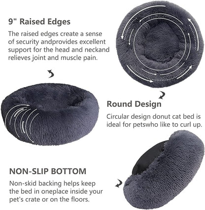 Small Calming Dogs Bed for Small Dogs Anti-Anxiety Machine Washable Fluffy Luxury Anti-Slip Waterproof Mute Base Warming Cozy Soft Pet Puppy Round Bed
