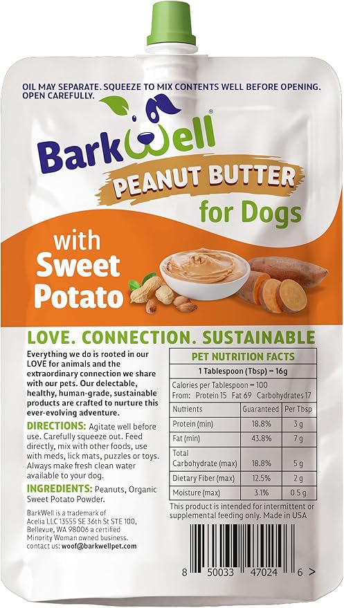 Peanut Butter Squeeze - 8oz Pouch Sweet Potato All-Natural Dog Peanut Butter, Sourced and Made in The USA