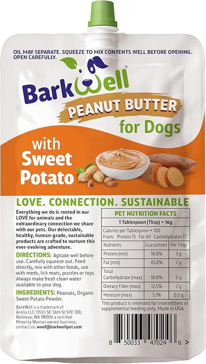 Peanut Butter Squeeze - 8oz Pouch Sweet Potato All-Natural Dog Peanut Butter, Sourced and Made in The USA