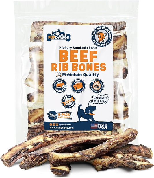 Single Ingredient Dog Bones - Made in USA – 8-10” Beef Rib Bones - Natural Dog Bones for Aggressive Chewers - from USDA Inspected Beef - Hickory Smoked - Individually Wrapped (8 Piece Pack)