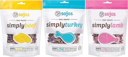 Sojos 100% Raw Freeze-Dried Meat Treats For Dogs 3 Flavor Variety Bundle: (1) Sojos Simply Beef, (1) Sojos Simply Lamb, and (1) Sojos Simply Turkey