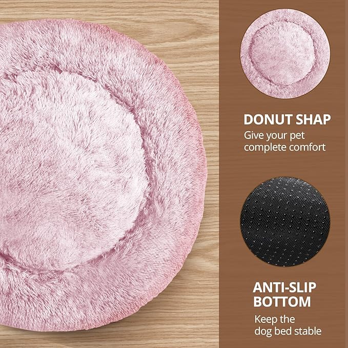JOLLYVOGUE Dog Bed Cat Bed, Anti-Anxiety Small Dog Bed, Calming Donut Dog Bed for Puppy, Cozy Cat Bed, Fluffy Dog Beds for Small Dogs, Washable Round Puppy Bed for Indoor Pets (20"/Smoke Pink