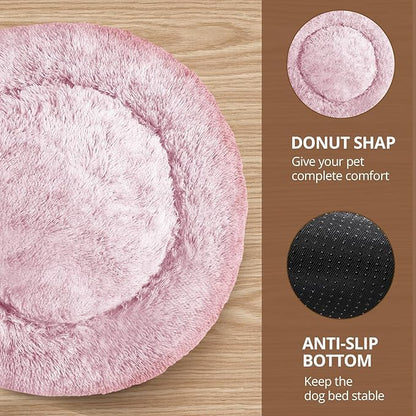 JOLLYVOGUE Dog Bed Cat Bed, Anti-Anxiety Small Dog Bed, Calming Donut Dog Bed for Puppy, Cozy Cat Bed, Fluffy Dog Beds for Small Dogs, Washable Round Puppy Bed for Indoor Pets (20"/Smoke Pink