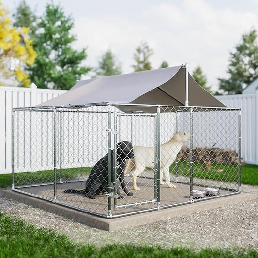 Large Outdoor Dog Cage with UV and Waterproof Cover,Metal Galvanized Rustproof Puppy Fence,W/Security Door,Heavy Duty Kennel for Farm & Garden,Silver 9.8'Lx9.8'Wx4.4'H