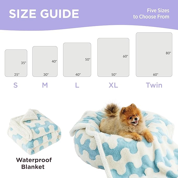 Lesure Waterproof Puppy Blanket for Small Dogs - Washable Double Sided Dog Blankets with Warm Jacquard Shag and Soft Sherpa Fleece, Pet Cat Blanket for Couch Protection, 3D Textured Wave, Blue