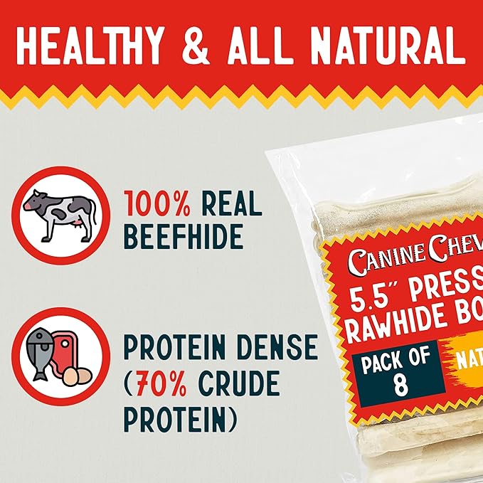 Canine Chews Pressed Rawhide Bones for Large Dogs - 5.5" Long Lasting Dog Chews - Compressed Beefhide Large Dog Chew Bones - Chew Toy Dog Bones - Raw Hide Bones Dog for Aggressive Chewers (5.5", 8pk)