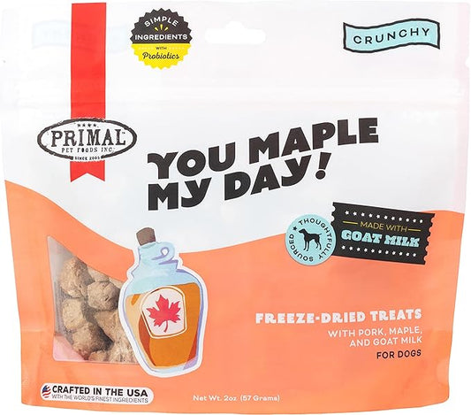 Primal Freeze Dried Dog Treats; Pork & Maple Dog Treats with Goat Milk for Dogs, You Maple My Day, Grain Free Training Treats for Dogs with Probiotics, 2 oz