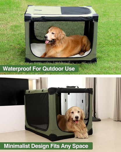 24 Inch Collapsible Travel Dog Crate for Medium Large Dogs, Portable Dog Crate 4-Door Foldable Soft Kennel with Chew-Proof Mesh Windows for Indoor & Outdoor Travel,with Storage Bag,Green