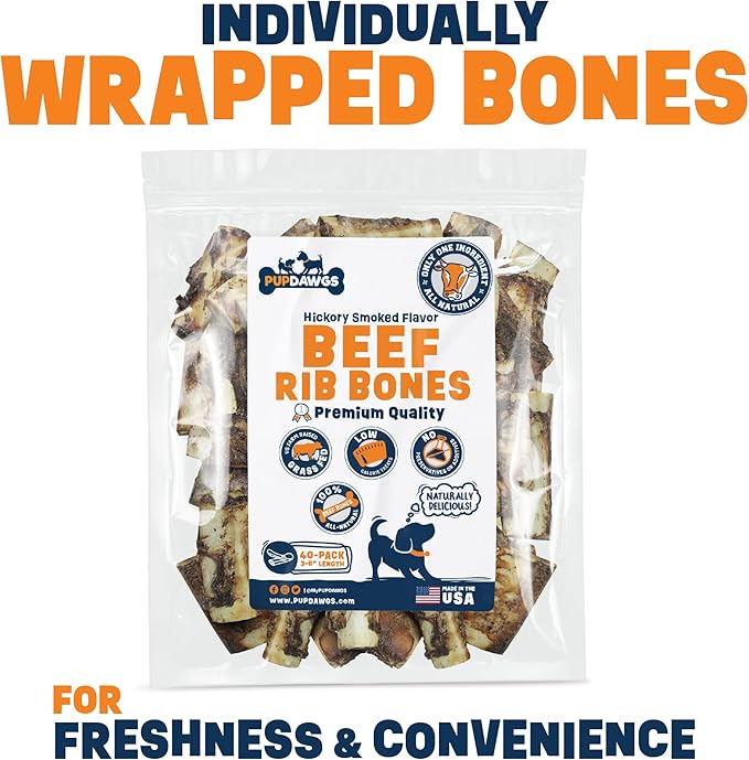 Single Ingredient Dog Bones - Made in USA - Small Beef Rib Bones - Natural Dog Bones for Aggressive Chewers - from USDA Inspected Beef - Hickory Smoked - Wrapped in Sets of 5 (40 Piece Pack)