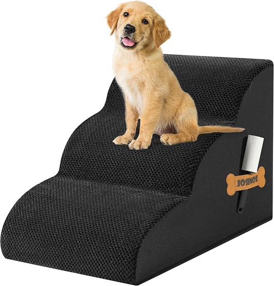 Romrol Dog Stairs Ramp for Beds Couches, Extra Wide Pet Steps with Durable Non-Slip Waterproof Fabric Cover, Pets Slope Stairs, 3-Tiers,Black