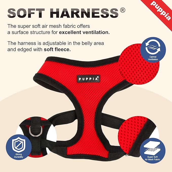 Puppia Soft Dog Harness No Choke Over-The-Head Triple Layered Breathable Mesh Adjustable Chest Belt and Quick-Release Buckle, Brown, Small (Pack of 2)