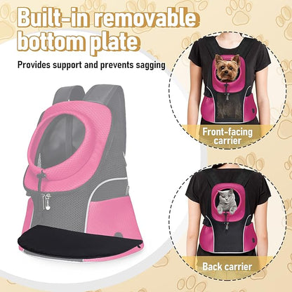 WOYYHO Pet Dog Carrier Backpack Small Dog Front Backpack Ventilated Mesh Dog Travel Back Pack with Safety Belt for Travel Hiking Cycling Outdoor Use (L (10-14 lbs), Rose)