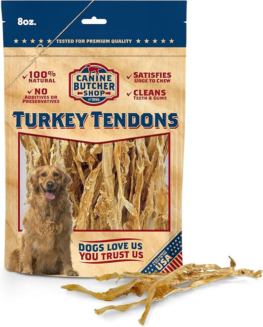 Turkey Tendons for Dogs Made in USA, Raised in USA, All-Natural Dog Chews for Small Dogs, Dog Snack for Large Dogs, Single-Ingredient Treat, Healthy No Hide Dog Chews (8 oz)