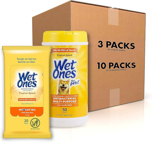 Wet Ones Mixed 13 Piece Bundle of Human & Pet Wet Wipes, Tropical Splash Scent| 10 Packs Antibacterial Wipes, 20 Ct Plus 3 Cannisters for Pets Multi-Purpose Dog Wipes, 50ct