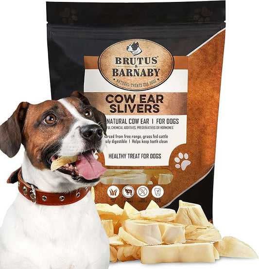 BRUTUS & BARNABY Cow Ears for Dogs; Ear Slivers are Great for Puppy Teething, Single Ingredient Beef Ear Slivers for Small to Medium Size Dogs (250grams)