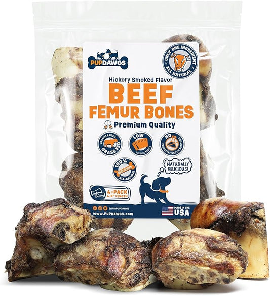 Single Ingredient Dog Bones - Made in USA - Beef Femur Bones - Natural Dog Bones for Aggressive Chewers - from USDA Inspected Beef - Hickory Smoked - Individually Wrapped (4 Piece Pack)