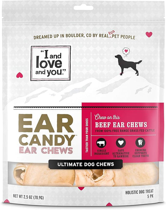 I and love and you Ear Candy Cow Ear Chews - Beef - Rawhide Alternative, Single Ingredient, Free Range Grass Fed Beef, 5ct