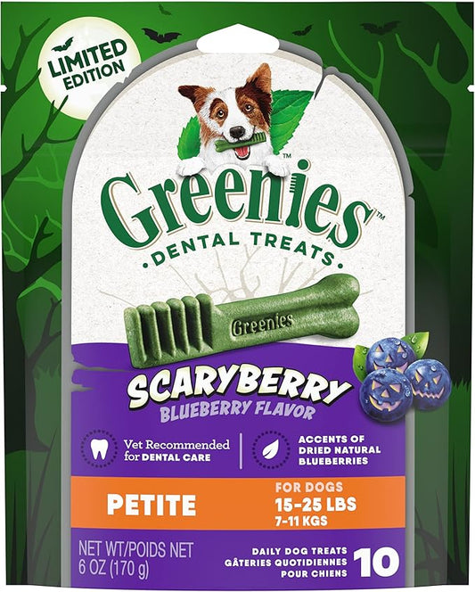 Greenies Petite Halloween Natural Dental Dog Chew Treats, ScaryBerry Blueberry Flavor, 6 oz. Pack (10-Count)