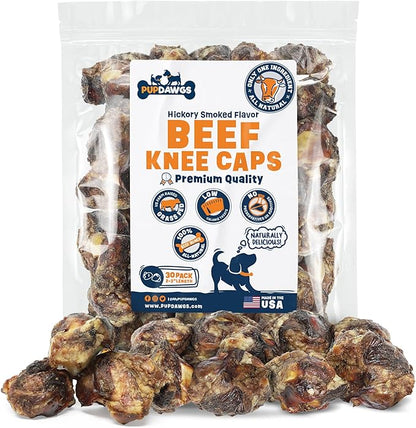 Single Ingredient Dog Bone Made in USA - Beef Knee Caps - 100% Natural Dog Bones for Aggressive Chewers - from USDA Inspected Beef - Hickory Smoked - Individually Wrapped (30 Piece Pack)