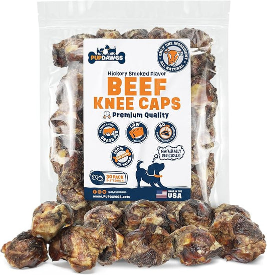 Single Ingredient Dog Bone Made in USA - Beef Knee Caps - 100% Natural Dog Bones for Aggressive Chewers - from USDA Inspected Beef - Hickory Smoked - Individually Wrapped (30 Piece Pack)