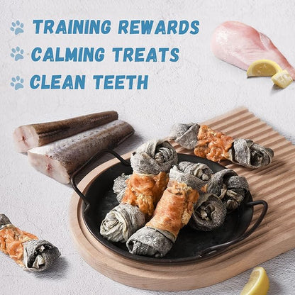 Chicken Wrapped Cod Skin Knotted Bones-6.5", All-Natural Healthy Dog Chew Treats Fish Skin, Rich in Omega3 Protein 5-6 Pcs 10.6 OZ