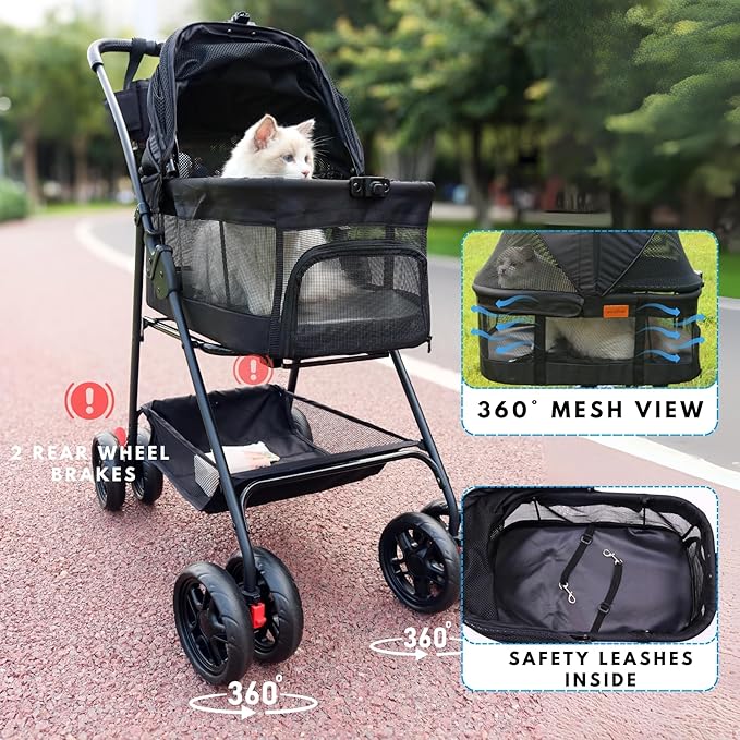 Pet Stroller for Small Dogs Cats with Wheels, Detachable Carrier, Max Load 33 lbs, Easy Folding, Compact Portable, Dog Carriage & Stroller & Car Seat 3 in 1 Animal Stroller (Black)