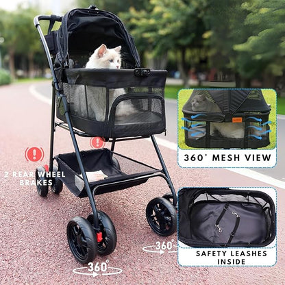 Pet Stroller for Small Dogs Cats with Wheels, Detachable Carrier, Max Load 33 lbs, Easy Folding, Compact Portable, Dog Carriage & Stroller & Car Seat 3 in 1 Animal Stroller (Black)