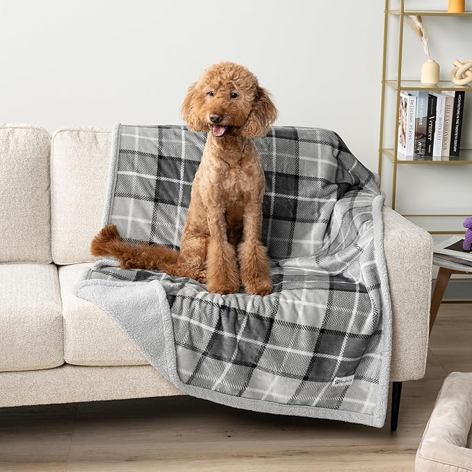 PetAmi Waterproof Dog Blanket for Small Medium Dog, Pet Puppy Blanket Couch Cover Protection, Sherpa Fleece Cat Blanket Sofa Bed Furniture Protector Reversible Soft Washable 29x40 Plaid Light Grey