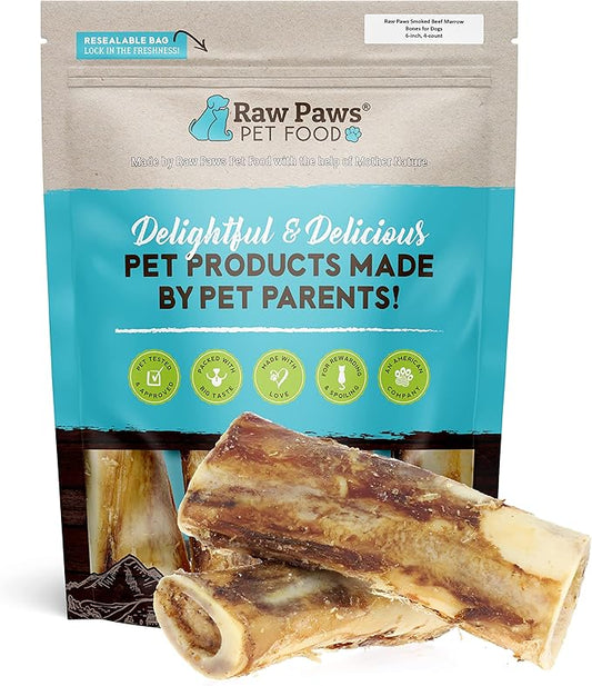 Raw Paws Smoked Beef Marrow Bones for Dogs - 6 inch, 4-ct - Packed in USA - Beef Bones for Dogs - Free Range Bone Marrow Treats for Dogs - Dog Chew Bones for Aggressive Chewers, Dog Marrow Bone Treats