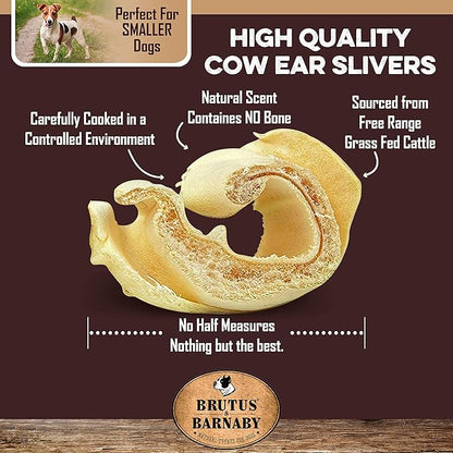 BRUTUS & BARNABY Cow Ears for Dogs; Ear Slivers are Great for Puppy Teething, Single Ingredient Beef Ear Slivers for Small to Medium Size Dogs (250grams)