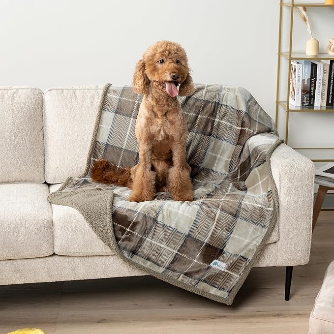 PetAmi Waterproof Dog Blanket for Small Medium Dog, Pet Puppy Blanket Couch Cover Protection, Sherpa Fleece Cat Blanket Couch Sofa Bed Furniture Protector Reversible Soft Washable 29x40 Plaid Taupe