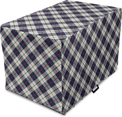 Lunarable Plaid Dog Crate Cover, Celtic Fashion Diagonal Retro Style Classical Irish Culture Inspiration, Easy to Use Pet Kennel Cover for Medium Large Dogs, 42 Inch, Night Blue Red Beige