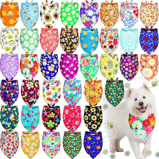 Sadnyy 40 Pcs Summer Spring Dog Bandanas Bulk Flower Hawaiian Triangle Reversible Bandanas for Large Dog Adjustable Pet Kerchief Scarf Washable Cat Scarf for Summer Holiday Pets